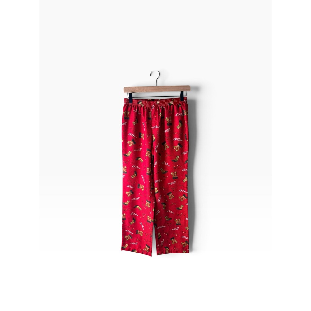 LL Bean Kids Red Fleece Pajama Pants Bean Boots Holiday Lights Size L 14-16